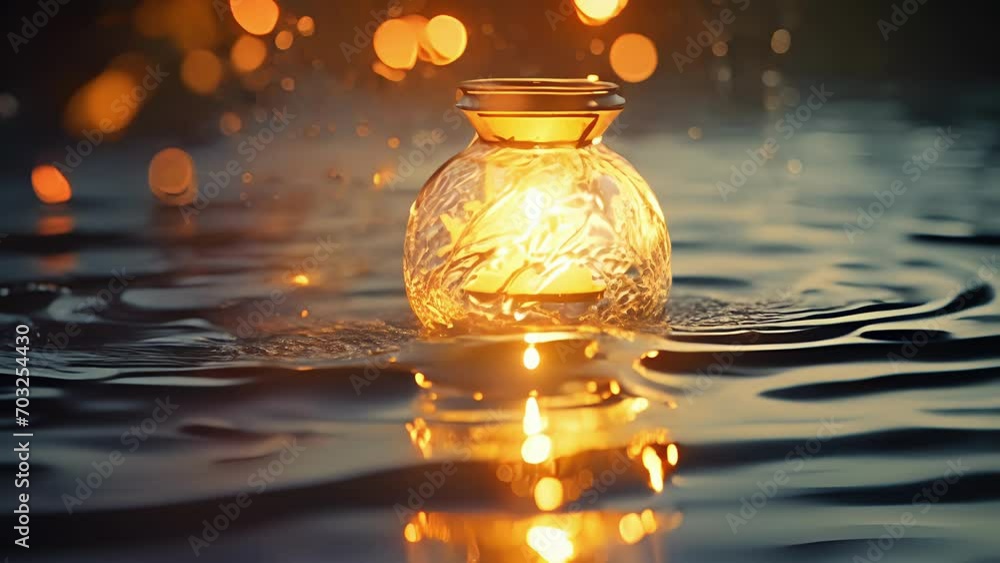 Poster closeup of a lantern gently swaying in the water currents, creating a mesmerizing dance of light on 