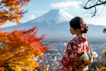 Japanese girl in autumn, Mount Fuji in background, generative ai