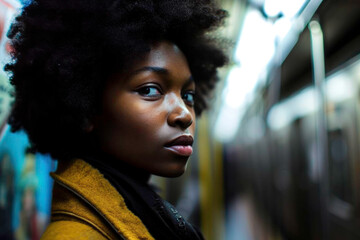 A happy girl riding on a metro train in New York, generative AI
