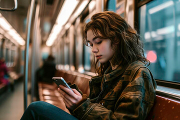 A girl riding on a train looking at her smartphone, generative AI