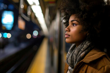A happy girl waiting for the metro in New York, generative AI