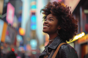 A happy girl exploring Times Square in NYC, generative AI