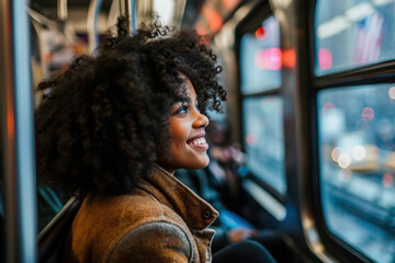 A happy girl riding on a metro train in New York, generative AI