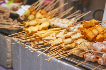 Meat snacks deep fried food sticks Thai style food, Thailand street food Bangkok.