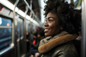 A happy girl riding on a metro train in New York, generative AI