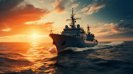 The military ship on sea at sunrise.