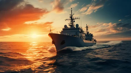 Poster The military ship on sea at sunrise. © alexkich