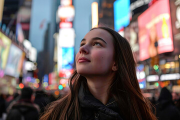A happy girl exploring Times Square in NYC, generative AI