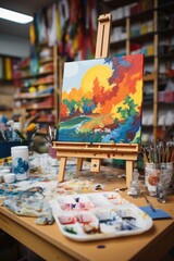 Colorful landscape painting on canvas in artist workspace