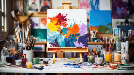 Vibrant abstract painting on easel in bright art studio - Powered by Adobe