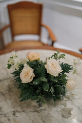 Conceptual decoration for special event. Gathering. Family dinner. Private party. Celebration. Table flower. Long table. Table Setting. With drop light. Outdoors. Details. 