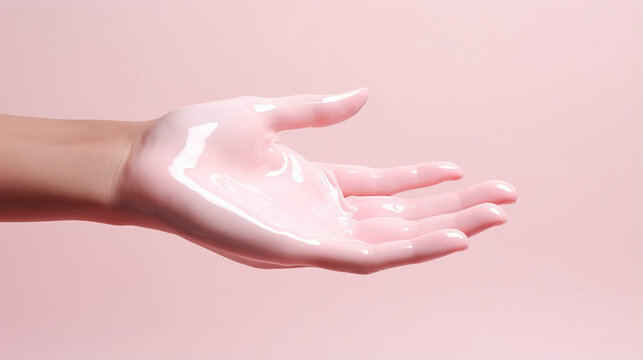 3d render of minimal fashion background display,female hand with pastel pink color paint or liquid