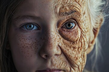 Portrait blending the youthful features of a girl with the wrinkled complexion of an elderly person, symbolizing the passage of time. - obrazy, fototapety, plakaty