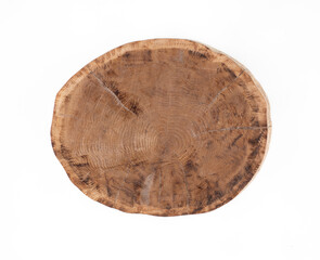 round cut of wooden oak board isolated on white background