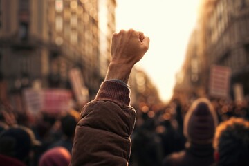 A passionate individual raising a clenched fist in the air during a massive street protest, embodying a moment of defiance and solidarity. - obrazy, fototapety, plakaty