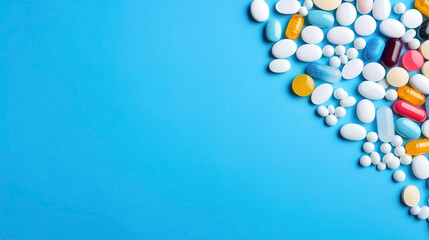 Colorful pills and capsules on a blue background. Place for text on the left. Medical Frame