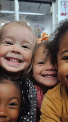 Diverse Group of Preschool Kids Capturing Joyful Moments with a Smiling Selfie in Class, Embracing the Early Bonds of Friendship