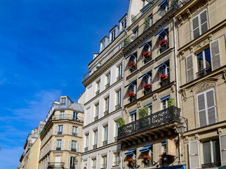 typical parisians building facade , haussmannian style  4th arrondissement