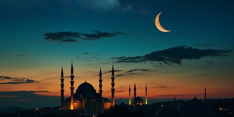 Muslim mosque silhouette and the moon in the night sky. Ramadan festive, islam religion - obrazy, fototapety, plakaty
