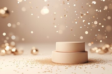round beige podium for the presentation of luxury products. silver gold glitter and light cream blure background