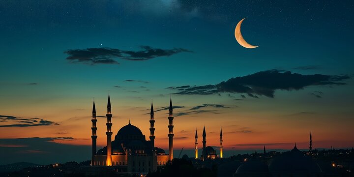 Muslim mosque silhouette and the moon in the night sky. Ramadan festive, islam religion