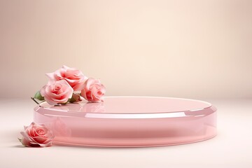 Obraz na płótnie Canvas round glass transparent podium for the presentation of luxury products. rose petal and nice peach draped fabric background