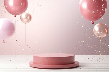 coral round podium for the presentation of luxury products. light pink balloons with gold glitter...