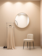 Empty luxury fitting room with some clothes on hanger, mirror and chair 