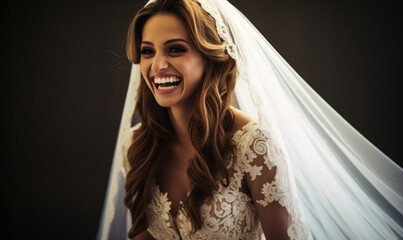 Radiant Bride in Elegant Lace Wedding Dress with Veil, Beaming with Joy and Excitement on Her Special Day, Bridal Beauty