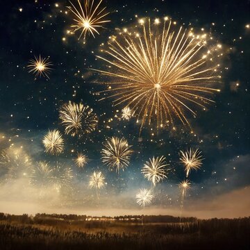 Cielo estrellado con fuegos artificiales dorados 