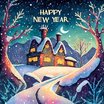 Dibujo de navidad y a&ntilde;o nuevo en caba&ntilde;a nevando