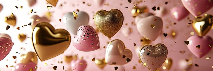 Floating Pink and Gold Hearts on a Soft Pink Backdrop for Love Themed Events and Valentine's Greetings