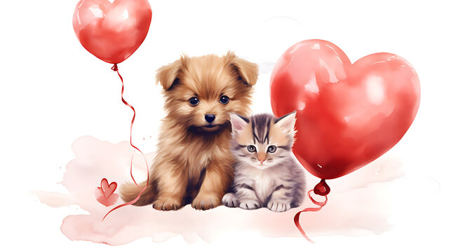 Valentines day background - A cute puppy and kitty with red baloons by heart shape at the light background in watercolor style,copy space.