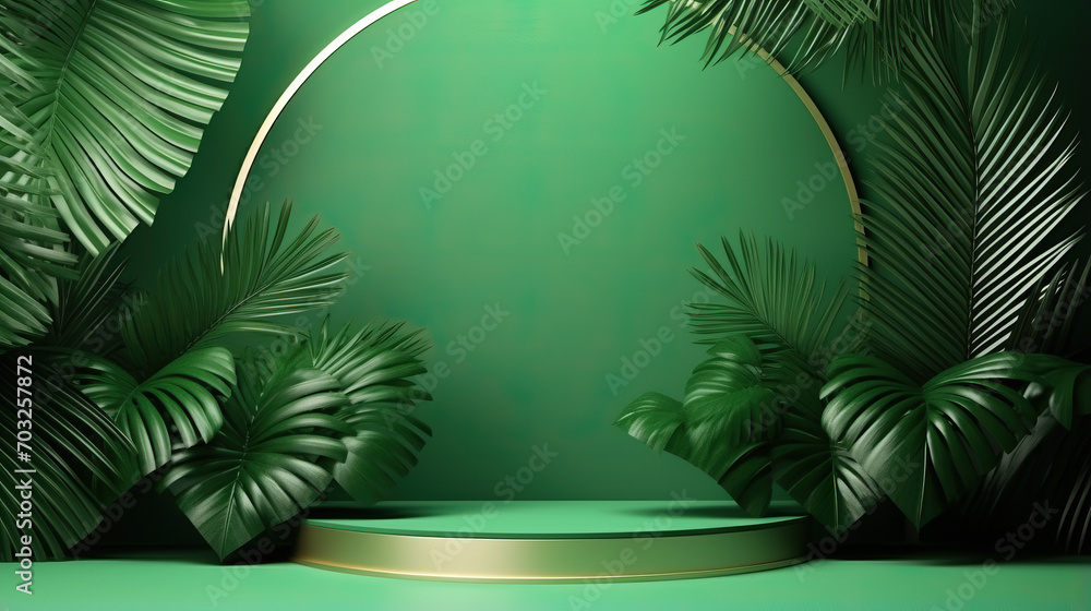 Aufkleber 3d rendering scene podium display with tropical leaf background