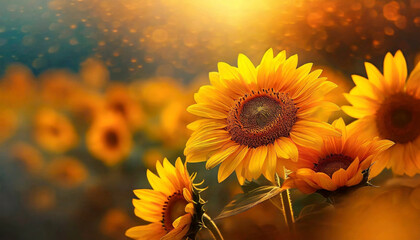 Kwiaty Słoneczników, poranek, złota godzina. Tapeta, dekoracja. Generative AI