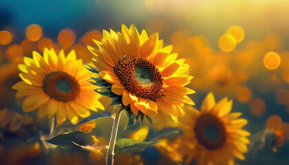 Kwiaty Słoneczników, poranek, złota godzina. Tapeta, dekoracja. Generative AI - obrazy, fototapety, plakaty