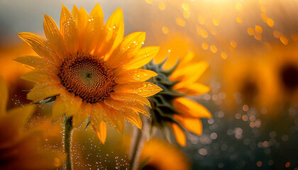 Kwiaty Słoneczników, poranek, złota godzina. Tapeta, dekoracja. Generative AI - obrazy, fototapety, plakaty