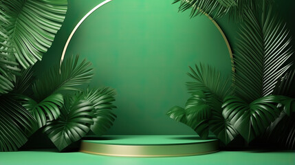 3d rendering scene podium display with Tropical leaf background