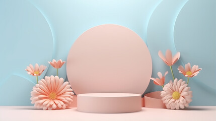 3d rendering scene with podium and flower abstract background. Geometric shape in pastel colors