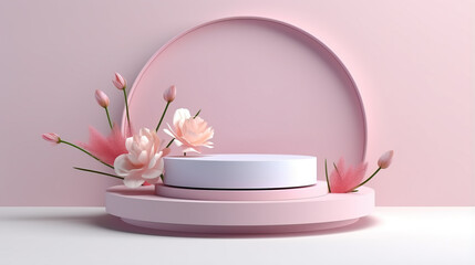 3d rendering scene with podium and flower abstract background. Geometric shape in pastel colors