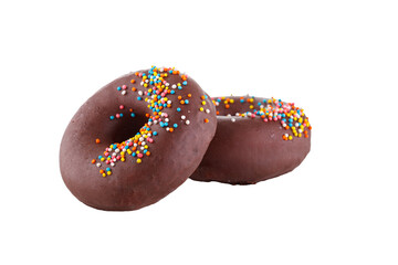 chocolate donuts on isolated white background close up