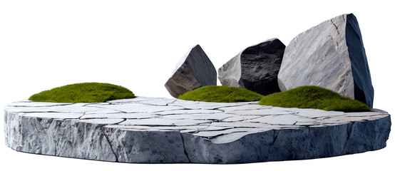 Abstract stone podium made of several stones with green moss, on a white background.