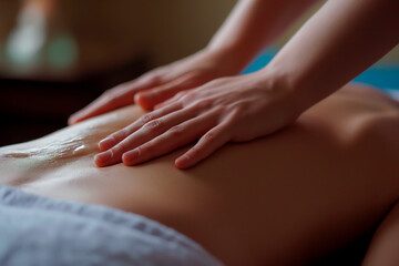 Naklejka premium Close up of hands giving a soothing back massage at a tranquil spa. Shallow field of view. 