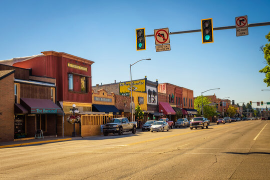 Kalispell, Montana, USA - July 5, 2017 : Scenic street view with shops and restaurants in Kalispell. Kalispell is the gateway to Glacier National Park.