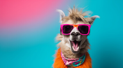 Happy Llama with colorful sunglasses. Vibrant bright fashionable outfit. Isolated on solid background advertisement, copy text space. Birthday party invite. Generative AI.