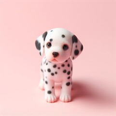 Сute fluffy spotty dalmatian puppy toy on a pastel pink background. Minimal adorable animals concept. Wide screen wallpaper. Web banner with copy space for design.