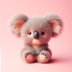 Сute fluffy gray baby koala toy on a pastel pink background. Minimal adorable animals concept. Wide screen wallpaper. Web banner with copy space for design.