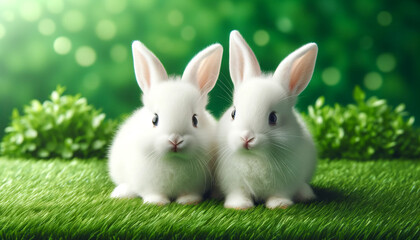 Two white rabbits on a green background. Easter holiday concept. Rabbit. Bunny. Cover design. Symbol of the year.