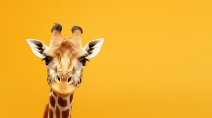 A happy giraffe smiling on plain yellow studio background. Copy space for text. Fun Party Card Invite concept. Generative AI image.	 - obrazy, fototapety, plakaty