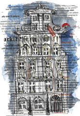 PNG picture for t-shirt, cover printing. Old building on the newspaper page